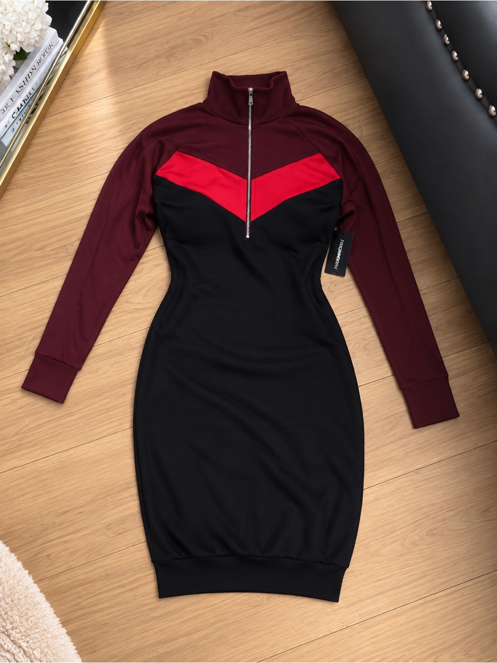 Express Black, Burgundy & Red Zip-Front Long-Sleeve Bodycon Dress